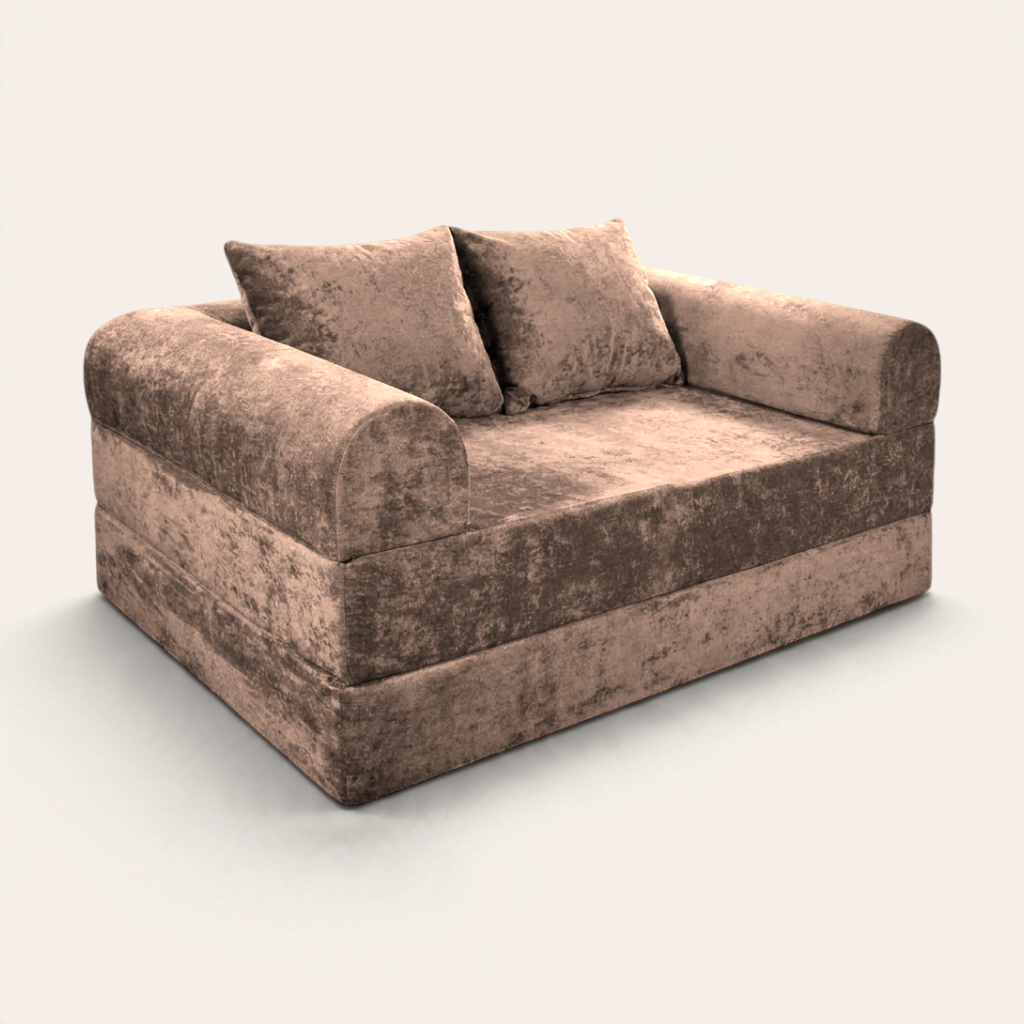 Sofá cama modular Naap Concept Teddy en color café con textura suave y cojines incluidos