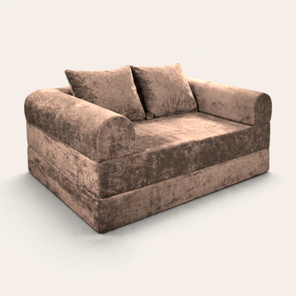 Sofá cama modular Naap Concept Teddy en color café con textura suave y cojines incluidos