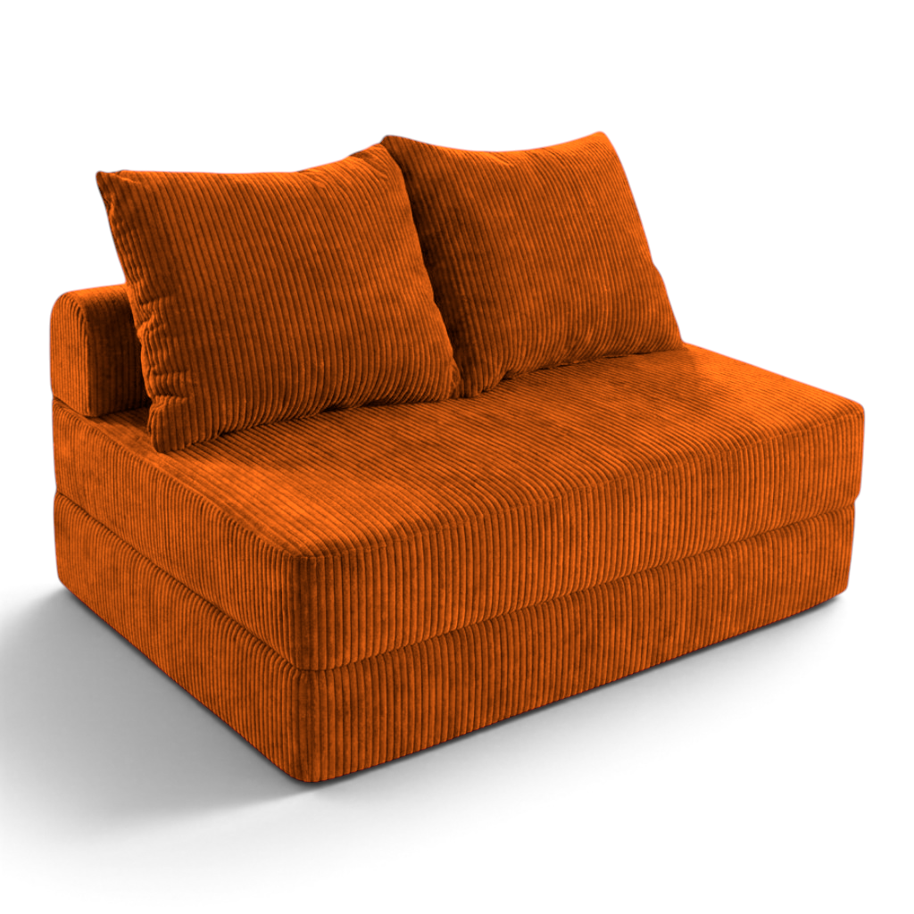 Sofá cama matrimonial Naap Concept de espuma color naranja con textura de pana y diseño modular sin estructuras duras