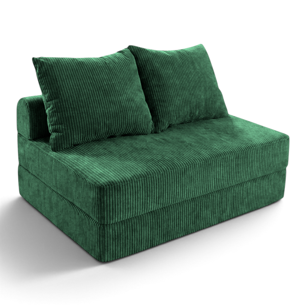 Sofá cama matrimonial Naap Concept de espuma color verde con textura de pana y dos cojines a juego