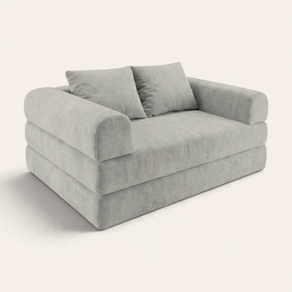 Sofá cama modular Naap Concept Teddy en color gris claro con diseño de espuma suave y brazos desmontables