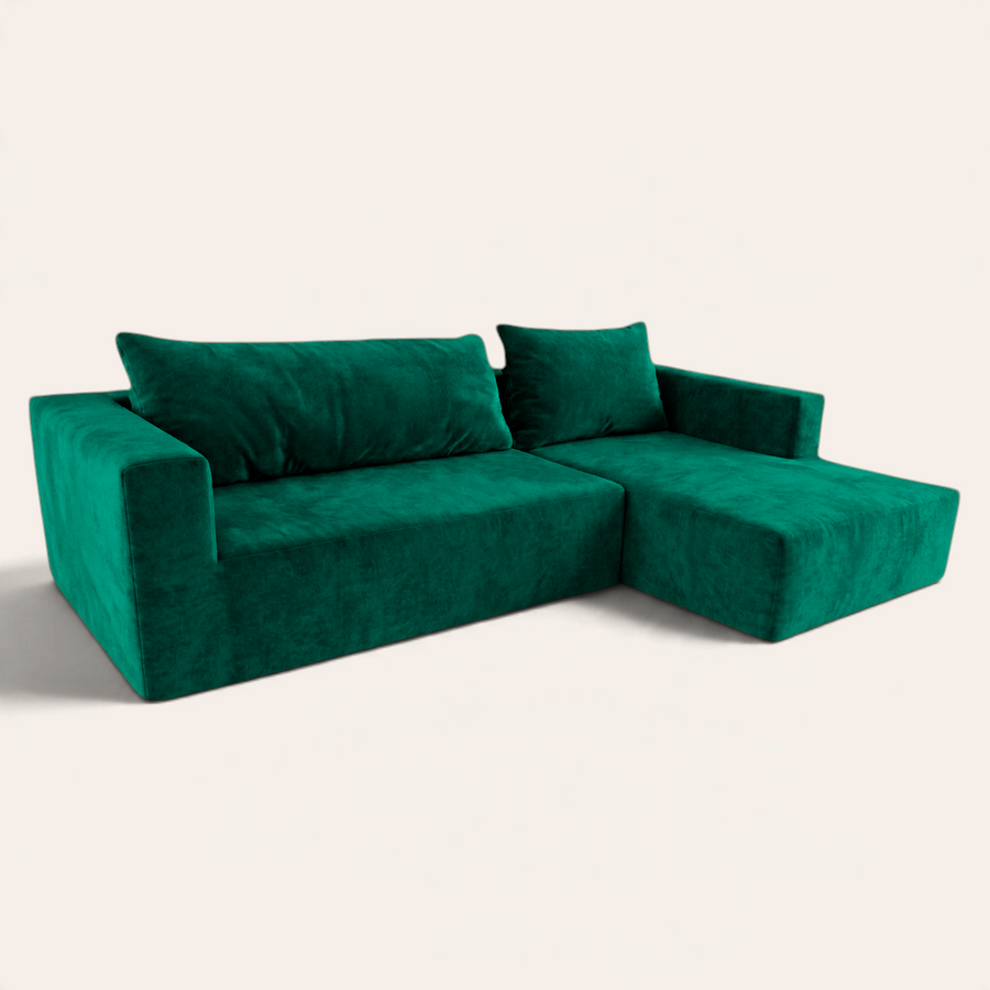 Sala modular Naap Concept Milán en color verde esmeralda, diseño contemporáneo de espuma con chaise longue.