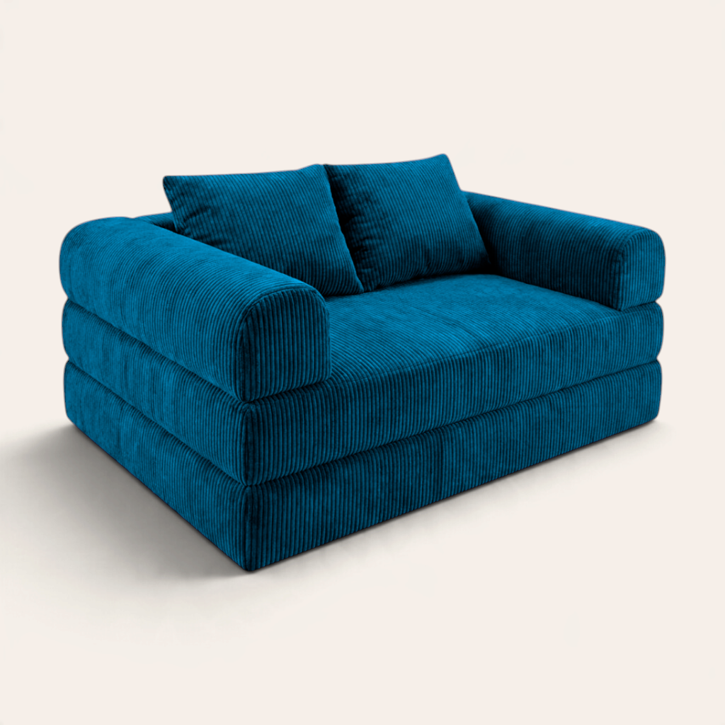 Sofá cama modular Naap Concept Teddy de tela acanalada azul con brazos desmontables y diseño ergonómico de espuma