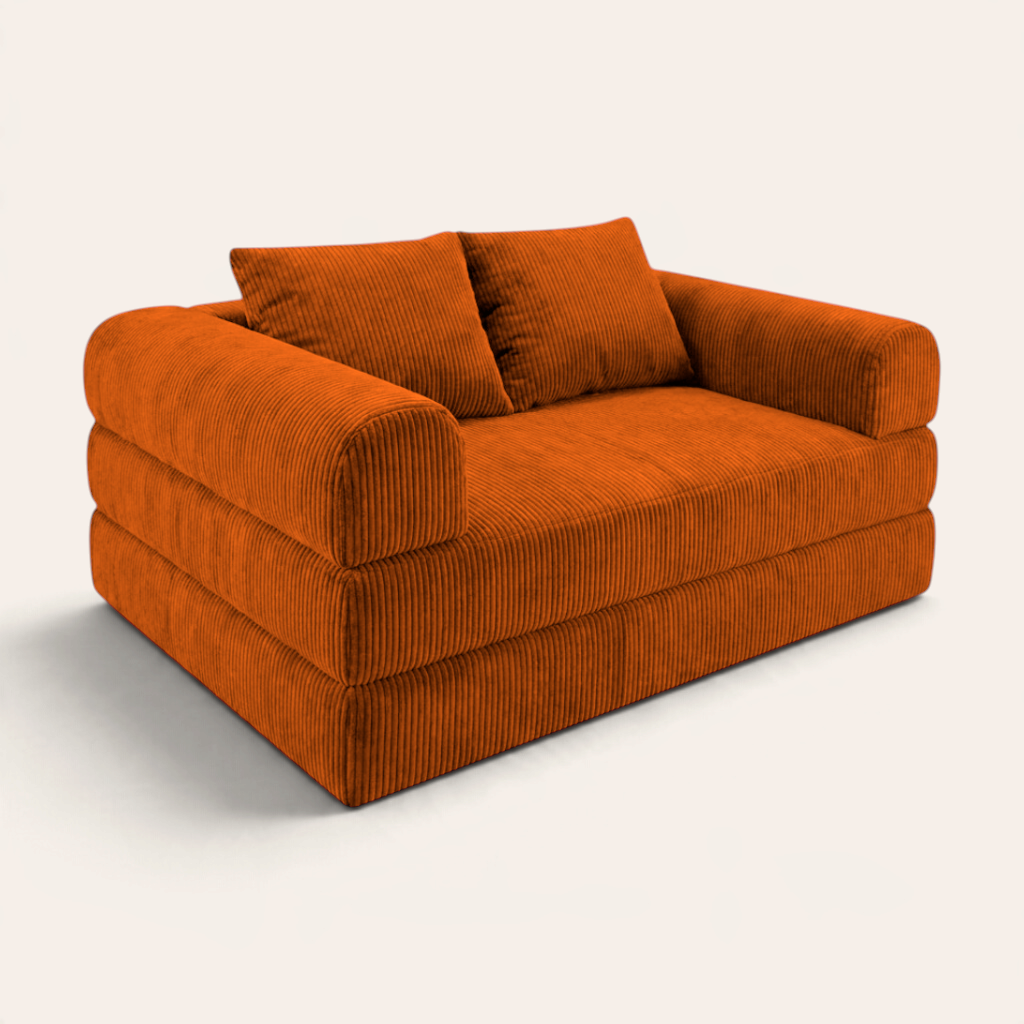 Sofá cama modular Naap Concept color naranja con textura de pana y diseño ergonómico sin esquinas duras