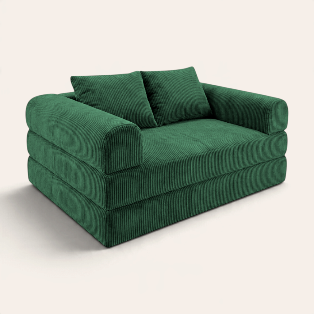 Sofá cama modular Naap Concept Teddy en color verde con textura de pana, diseño versátil y brazos desmontables.