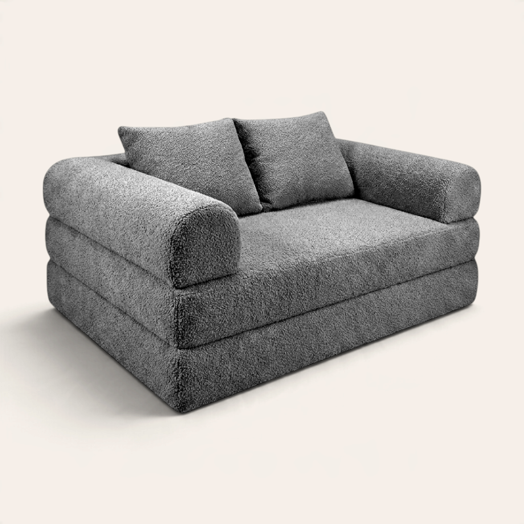 Sofá cama modular Naap Concept Teddy en color gris con textura de borreguito y cojines desmontables