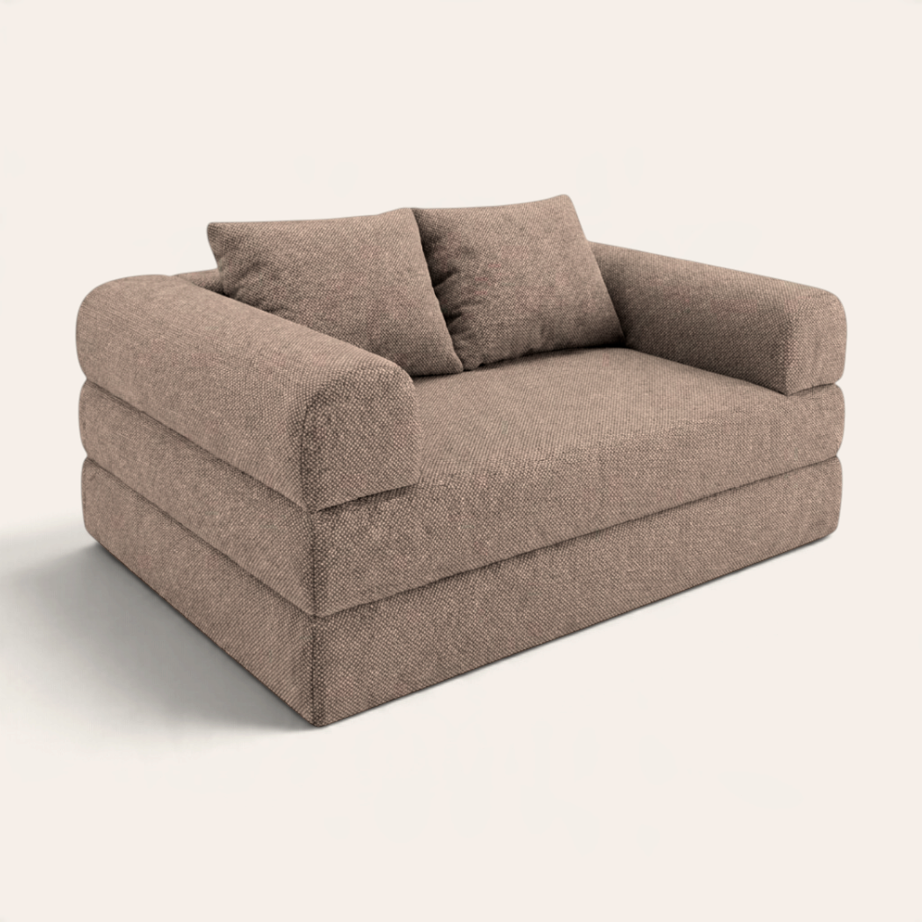Sofá cama modular Naap Concept color café con textura suave y diseño versátil sin esquinas rígidas