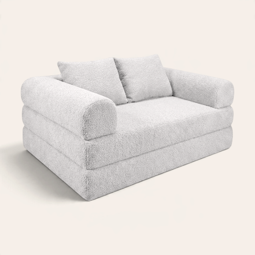 Sofá cama modular Naap Concept color blanco con textura tipo borrego y diseño ergonómico de espuma